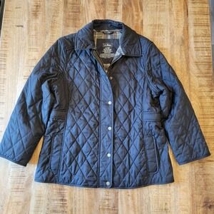 LLBean Outlet Riding Jacket Barn Coat Women's Navy Quilted Plaid Lining M Petite